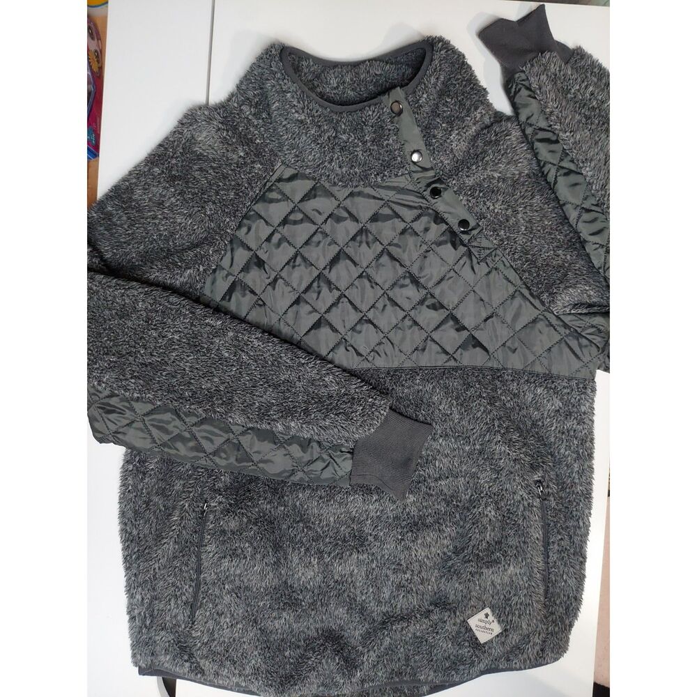 Simply Southern Fleece Asymmetrical Button Collar Gray Quilted Sweater Pullover